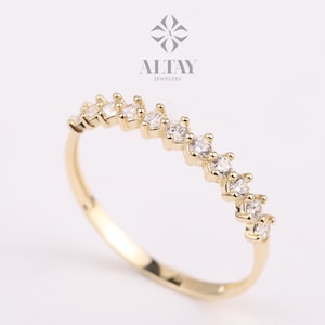 14K Gold Half Eternity Ring, 2mm CZ Diamond Wedding Ring, Round Wedding Ring, Prong Setting Engagement Band, Stacking Promise Ring