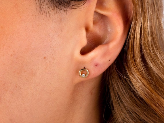 14K Gold CZ Diamond Circle Stud Earrings, Circle Shape Studs, Round Earrings, Open Circle Studs, Geometric Earrings, Solid Gold Earrings