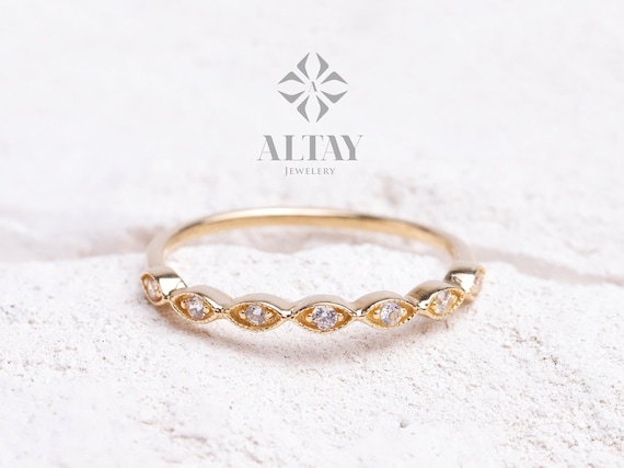 14K Gold Art Deco Wedding Band Ring, Half Eternity Cz Diamond Wedding Ring, Marquise Wedding Band, Stacking Ring, Dainty Stacking Ring