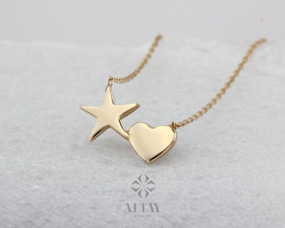 14K Gold Star and Heart Shape Minimalist Necklace, Dainty Pendant, Love Necklace, Gift for Her, Good Fortune Symbol, Delicate Fashion