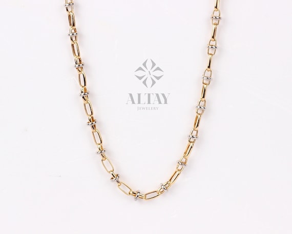 14K Gold Two Tone Link Chain Necklace, Oval Link Chain Choker, Rectangle Long Paperclip Chain, Chunky Link Moms Necklace, Gift For Her