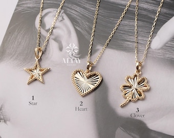 14K Gold Heart Star Clover Necklace, Mini Textured Heart Pendant, Sparkle Gold Star Charm, Small Clover Necklace, Love Pendant Necklace