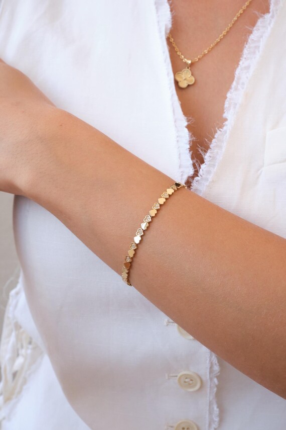 14K Gold Heart Bracelet, 3mm Minimal Dainty Gold Bracelet, Heart Charm Jewelry Gift for Her