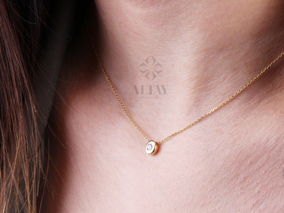 14K Gold Diamond Bezel Necklace, CZ Solitaire Charm, Natural Brilliant Cut Diamond Bezel Necklace, Dainty Diamond Choker, Bridesmaid Gift