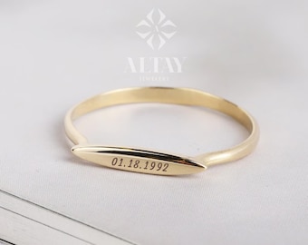14K Solid Gold Rectangle Bar Ring, Plain Stacking Ring, Thin Gold, Stackable Knuckle, 14K Custom Name Ring, Date Engraved Personalized Gift