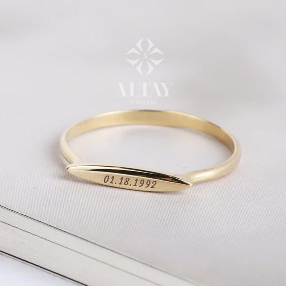14K Solid Gold Rectangle Bar Ring, Plain Stacking Ring, Thin Gold, Stackable Knuckle, 14K Custom Name Ring, Date Engraved Personalized Gift