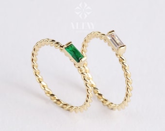 14K Gold Baguette Birthstone Ring, Custom Stackable Gemstone Ring, Braided Twist Rope Band Ring, Family Birthstone Ring, Personalized Gift