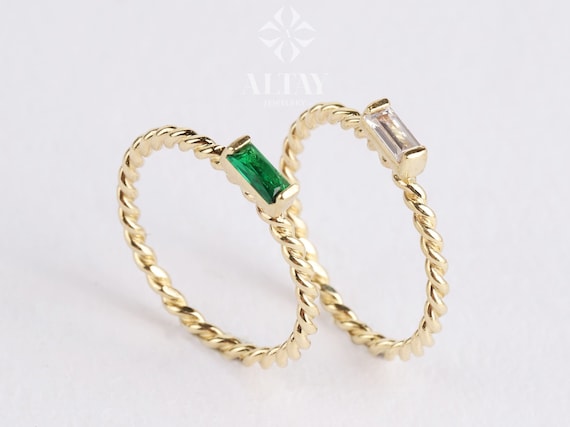 14K Gold Baguette Birthstone Ring, Custom Stackable Gemstone Ring, Braided Twist Rope Band Ring, Family Birthstone Ring, Personalized Gift