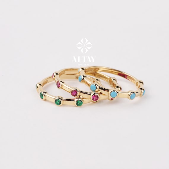 14K Gold Engagement Ring, Multi stone Gold Ring, Art Deco Band Ring, Promise Ring, Birthstone Ring, Stacking Bridal Ring, Beaded Gold Ring
