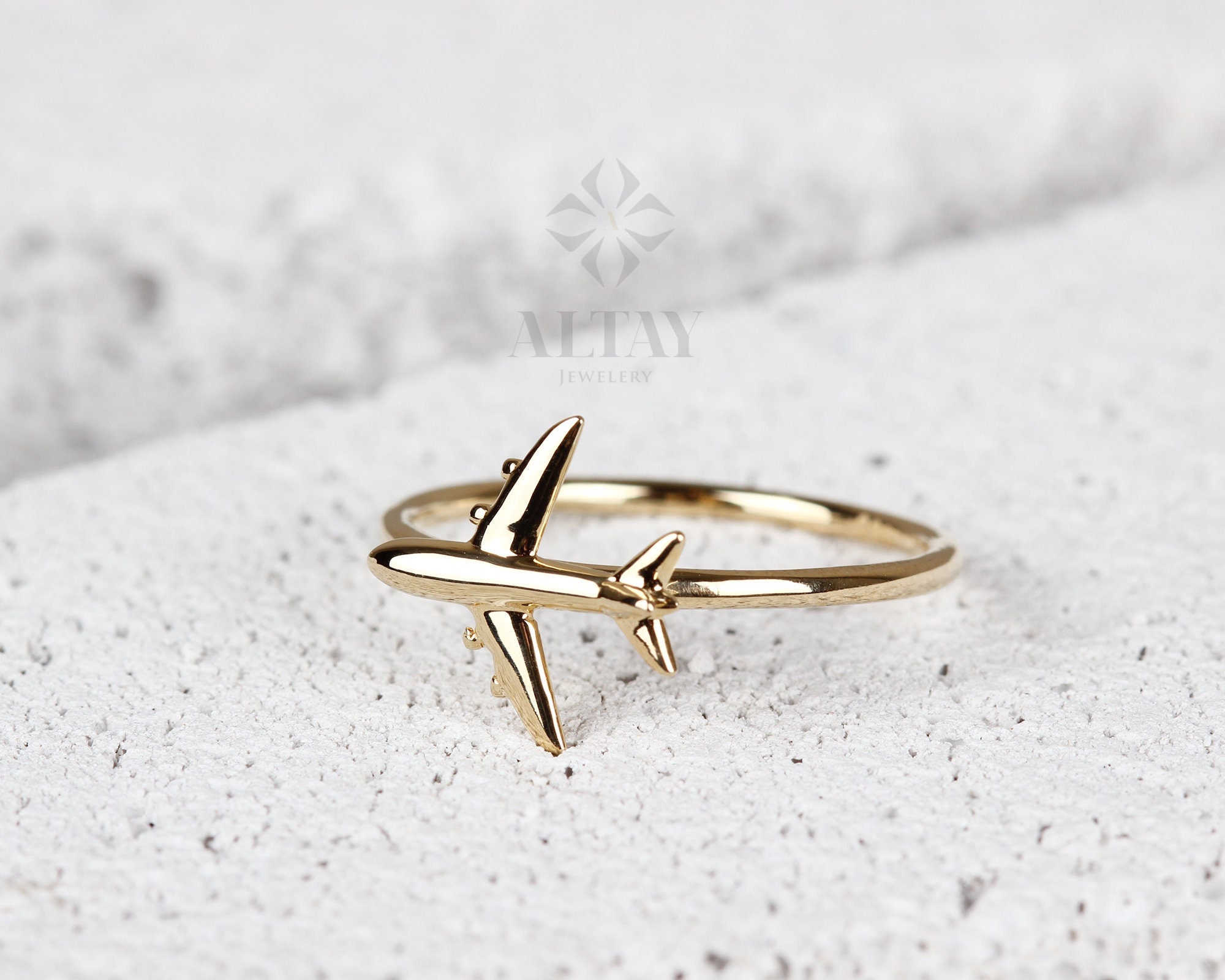 14K Solid Gold Airplane Ring, Aviation Gifts, Plane Gold Ring, Female