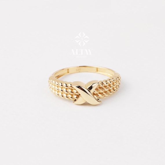 14K Gold Criss Cross Ring, X Stacking Ring, Solid Gold Plain X Ring, Crossover Ring for Women , Anniversary Gift for Her
