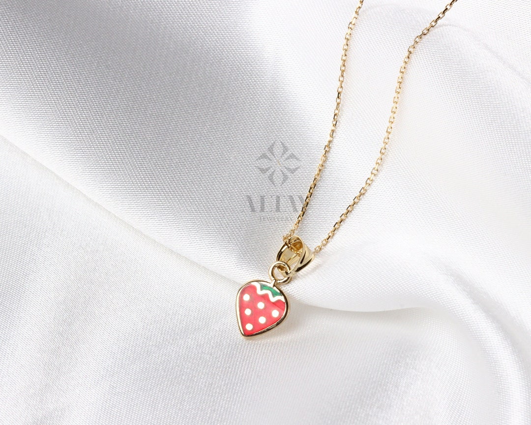 14k Gold Strawberry Necklace, Gold Fruit Necklace Pendant, Gold Cherry
