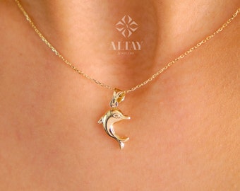 14K Gold Dolphin Necklace, Dolphin Pendant, Dolphin Fish Charm, Ocean Choker Charm, Valentine's Day Gift, Animal Jewelry, Gift for Her