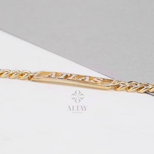 Cuban link name bracelet, engraved gold design