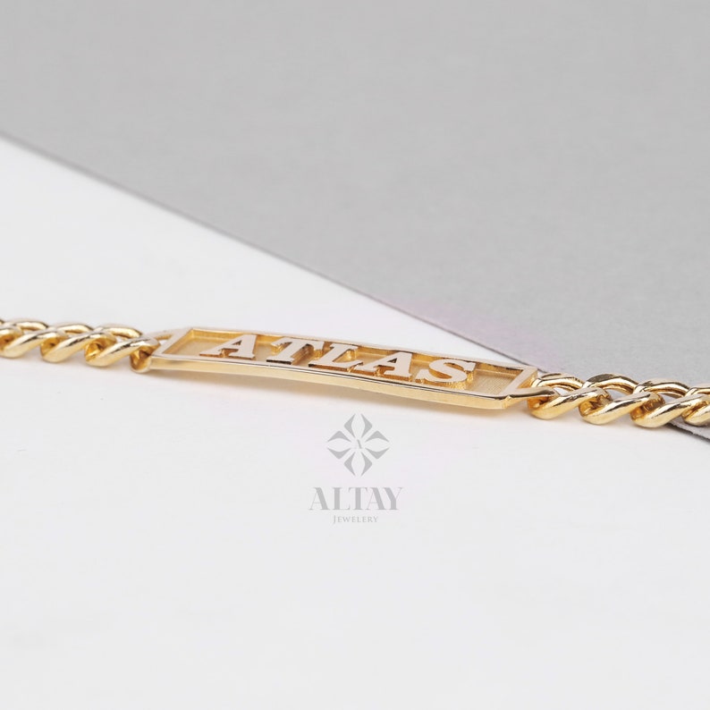 Cuban link name bracelet, engraved gold design