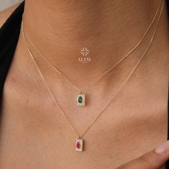 14K Gold Birthstone Pendant Necklace, Personalized Gold Necklace  Emerald, Ruby Stone Necklace, Dainty Emerald Necklace, Anniversary Gift