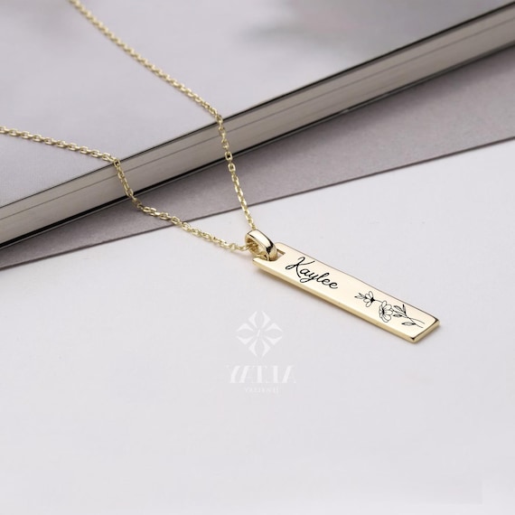14K Gold Birth Flower Tag Necklace, Gold Bar Tag Pendant, Custom Engraved Birth flower Necklace, Floral Dainty Charm, Flower Birth Month