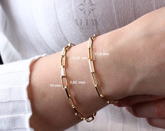 14K Gold Paperclip Chain Bracelet, Rectangle Long Chain, Chunky Chain Link Anklet, Stacking Bracelets, Men Women Layering Chain Bracelet