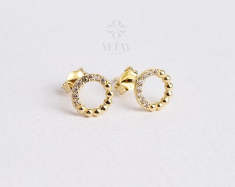 14K Gold Circle Stud Earrings, Beaded Gold Studs with CZ, Minimal Real Gold Earrings, Dainty Everyday Studs, Gift for Her