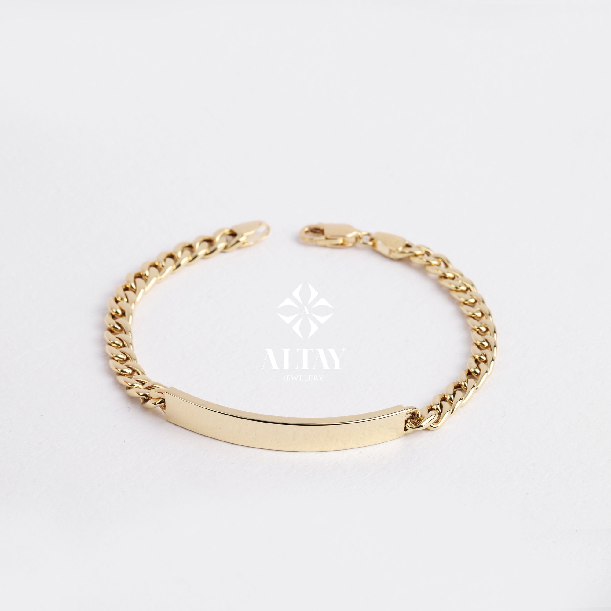 14K Gold ID Bracelet, Cuban Link Nameplate Bracelet, Gold Custom