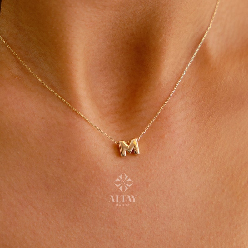 14K Solid Gold Initial Necklace, Letter Pendant Choker, Minimal Letter Charm, Name Necklace, Dainty Personalized Pendant, Gift For her image 3