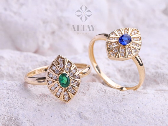 14K Gold Vintage Birthstone Ring, Gemstone Gold Stackable Ring, Dainty Gold Elegant Ring, Art Deco Wedding Band Ring, Christmas Gift
