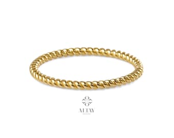 14K Gold Twist Ring, 1.5mm Twisted Rope Wedding Band Ring, Stacking Twist Ring, Minimalist Knuckle Ring, Gold Rope Ring, Thin Stacking Rings