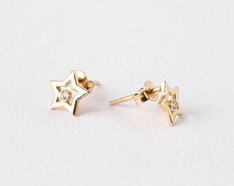 14K Gold Star Stud Earrings, CZ Diamond Celestial Studs, Minimalist Earrings, Star Shaped Earrings, Dainty Gold Earrings For Women