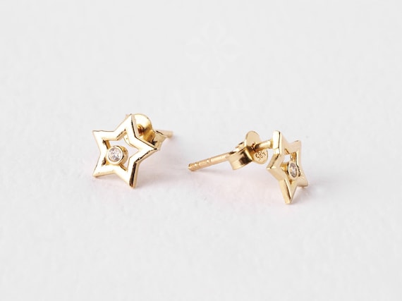 14K Gold Star Stud Earrings, CZ Diamond Celestial Studs, Minimalist Earrings, Star Shaped Earrings, Dainty Gold Earrings For Women