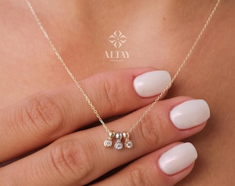 14K Gold Bezel Necklace, CZ Tri-Color Gold Charm, Natural Brilliant Cut Bezel Necklace, Dainty Gold Choker, Bridesmaid Gift, Christmas