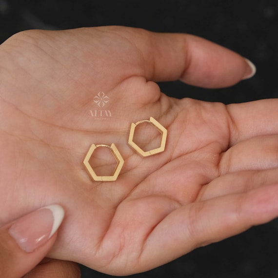 14K Gold Hoop Earring, 12mm Hexagon Gold Hoops, Geometric Gold Earrings, Dainty Hoops Huggies, Tiny Everyday Earrings, Shiny Finish Earrings