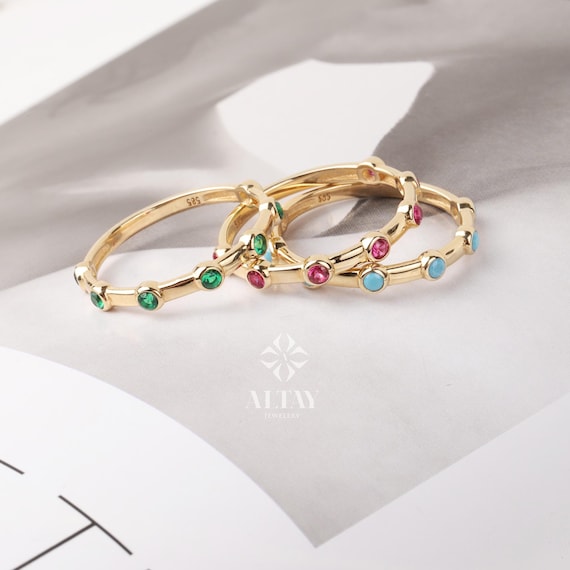 14K Gold Engagement Ring, Multi stone Gold Ring, Art Deco Band Ring, Promise Ring, Birthstone Ring, Stacking Bridal Ring, Beaded Gold Ring