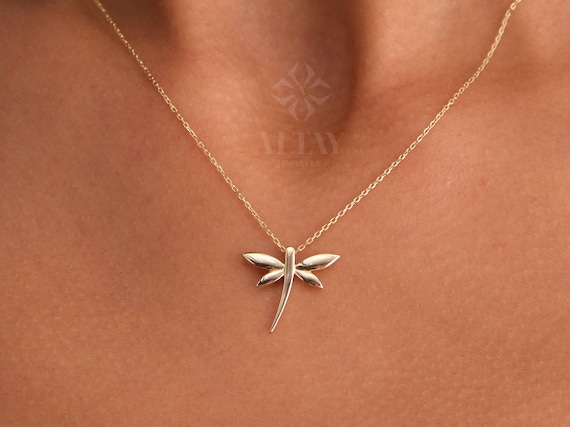 14K Gold Dragonfly Necklace, Dragonfly Gold Pendant, Gold Dragonfly Charm, Minimalist Dragonfly Choker, Dainty Gold Necklace, Gift For Her