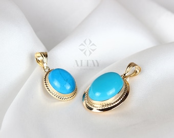 14K Turquoise Gold Necklace, Oval Cut Turquoise Gold Pendant Necklace, Dainty Stackable Necklace, Birthstone Gemstone Necklace, Gift For Her