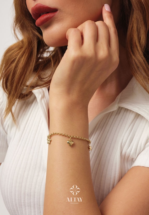 14K Gold 3mm Rolo Chain, Gold Heart Charm Bracelet, Love Bracelet, 3D Bee Moon Heart Clover Charm Jewelry, Link Heart Bracelet, Gift Wife