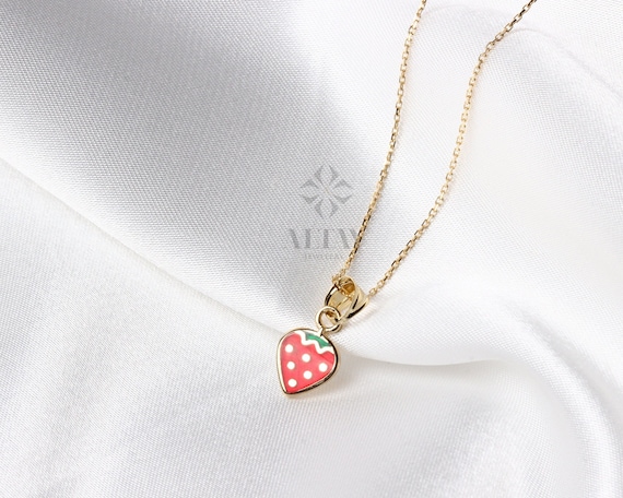 14k Gold Strawberry Necklace, Gold Fruit Necklace Pendant, Gold Cherry Charm, Tiny 14k Dainty Choker, Holiday Gift For Kids, Gift for Her