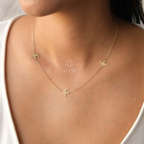 14K Gold Bird Necklace, Three Birds Necklace, Swallows Charm Necklace, Personalized Graduation Gift, Petite Station Chain Choker Necklace