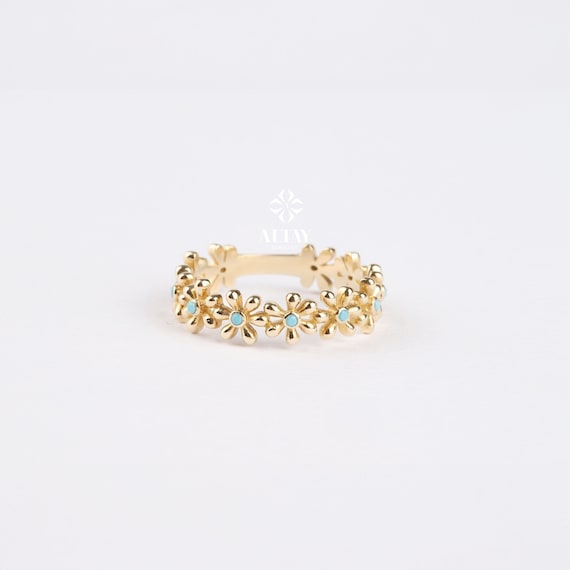 14K Gold Daisy Ring, Flower Wedding Band, Half Eternity Stackable Ring, Thick Multi Daisy Band Ring, Dainty Matching Ring, Turquoise Ring