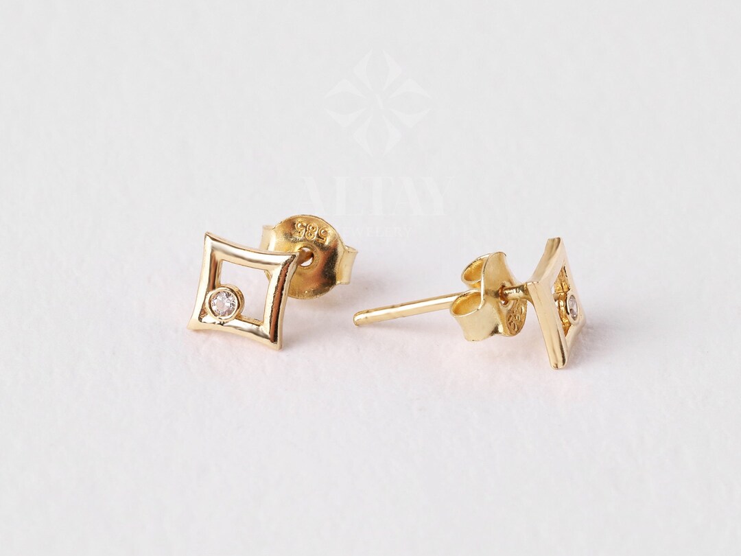 14K Gold Kite Stud Earrings, Helix Stud Earrings, Cz Diamond Gold