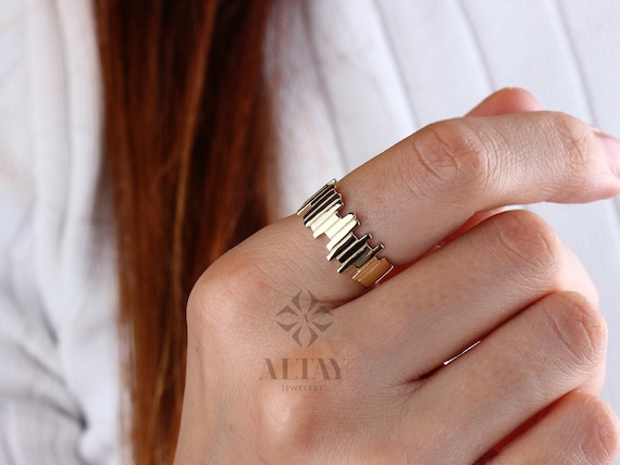 14K Solid Gold ZigZag Thicker Ring, Statement Ring, Sticks Ring, Unique Design, Minimalist, Gift For Her, Real Gold, Christmas Jewelry