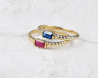 14K Gold Solitaire Birthstone Ring, Birthstone Solo Personalized Ring, Custom Gemstone Ring, Twist Rope Knuckle Ring, Stacking Wedding Band