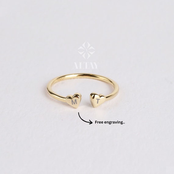 14K Gold Heart Ring, Double Heart Ring, Personalized Open Heart,  Minimalist Stackable Ring, Promise Knuckle Band Ring, Love Promise Ring