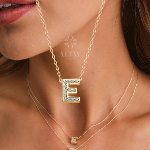 Collar con inicial de diamante en oro de 14 quilates, gargantilla con colgante de letra de diamante de circonita cúbica, dije minimalista, collar con nombre, colgante delicado personalizado, regalo para esposa