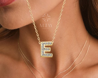 14K Gold Diamond Initial Necklace, CZ Diamond Letter Pendant Choker, Minimal Charm, Name Necklace, Personalized Dainty Pendant, Wife Gift
