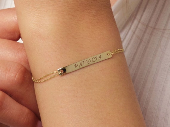 14K Gold Bar Bracelet, Custom Bar Bracelet, Personalized Name Bracelet, Engraved Bracelet for Women, Friendship Bracelet, Mothers Day Gift