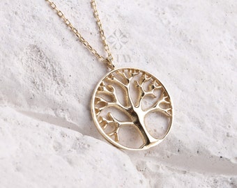 14K Gold Family Tree Necklace, Tree Of Life Pendant, Nature Charm Necklace, Grandma Necklacem, Women Minimalist Jewelry, Christmas Gift