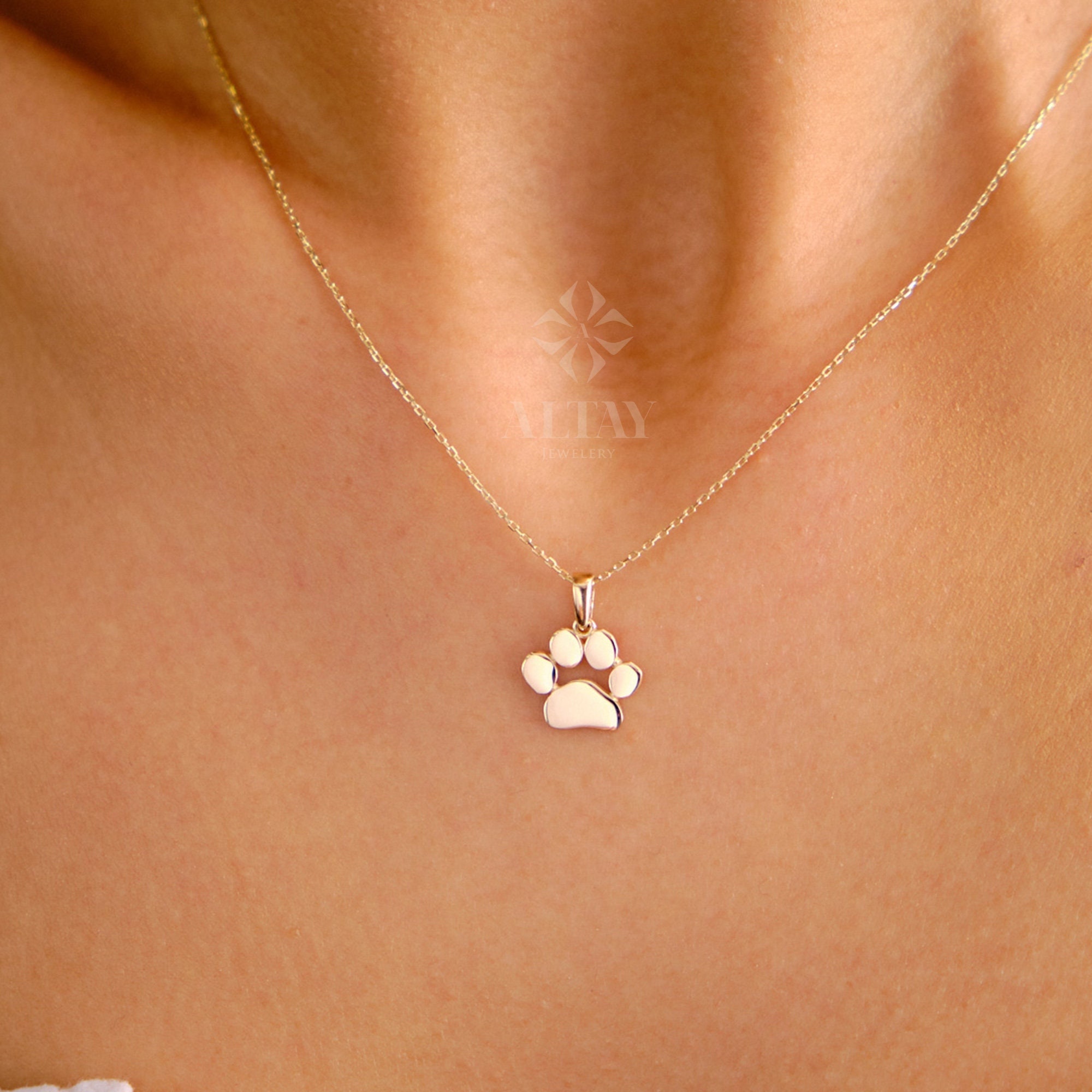14K Gold Paw Print Necklace Puppy Paw Pendant Small Dog Cat Lover 