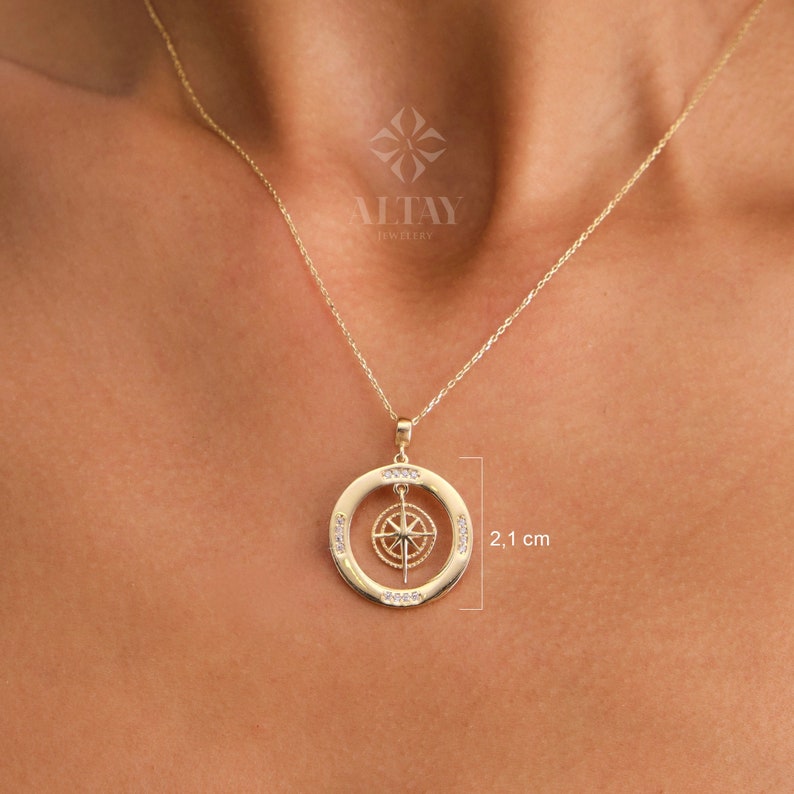 14K Gold Compass Necklace Zirconia Stones Compass Jewelry Cz Etsy