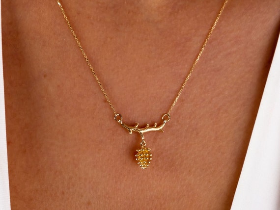 14K Solid Gold Pine Cone Necklace, Tree Charm Pendant, Chain Necklace, Delicate Pendant, Anniversary, Minimalist Gift For Her, Jewelry