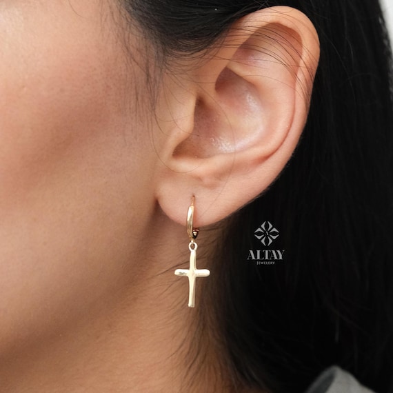 14K Gold Cross Dangle Earrings, Dainty Crucifix Earrings, Huggie Hoop Earrings, Protection Jewelry, Religious Jewelry, Christian Charm
